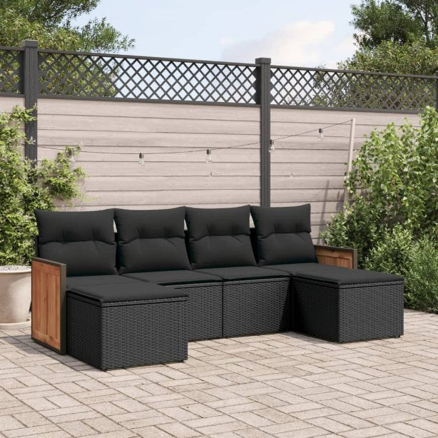 6-tlg. Garten-Sofagarnitur mit Kissen Schwarz Poly Rattan