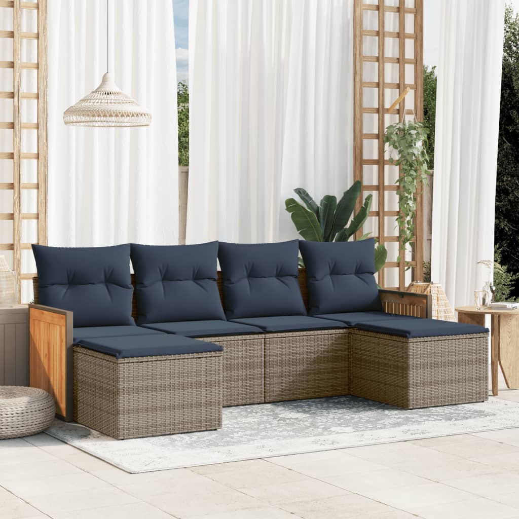 6-teiliges Gartensofa-Set mit Kissen, schwarzes Polyrattan