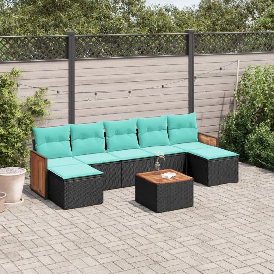 7-teiliges Gartensofa-Set mit Kissen, schwarzes Polyrattan