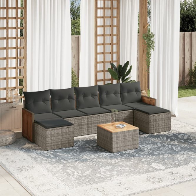 7-tlg. Garten-Sofagarnitur mit Kissen Schwarz Poly Rattan