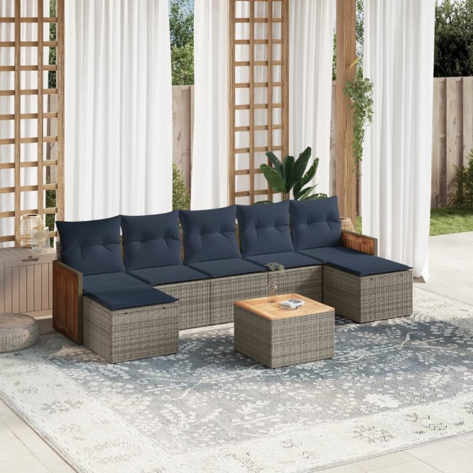 7-teiliges Gartensofa-Set mit Kissen, schwarzes Polyrattan