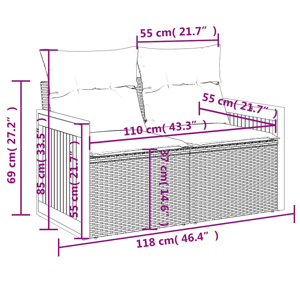 8-teiliges Gartensofa-Set mit Kissen, grau, Polyrattan