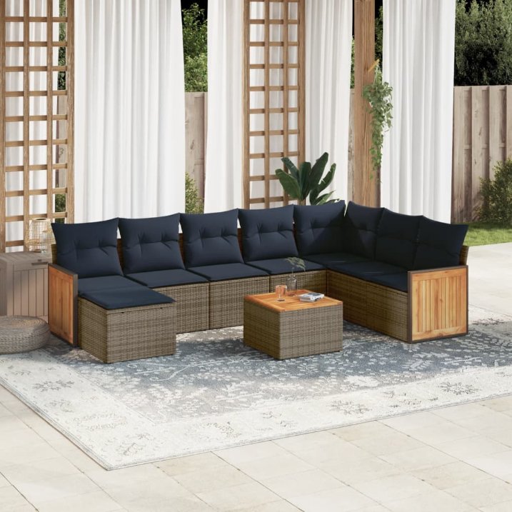 8-teiliges Gartensofa-Set mit Kissen, grau, Polyrattan
