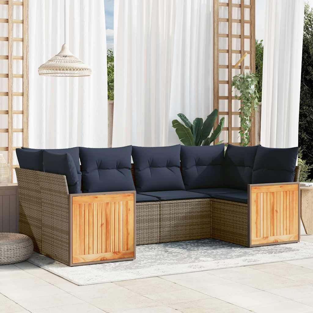 6-teiliges Gartensofa-Set mit Kissen, schwarzes Polyrattan