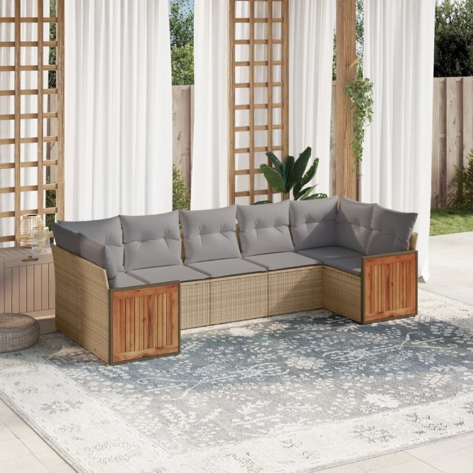 7-tlg. Garten-Sofagarnitur mit Kissen Schwarz Poly Rattan