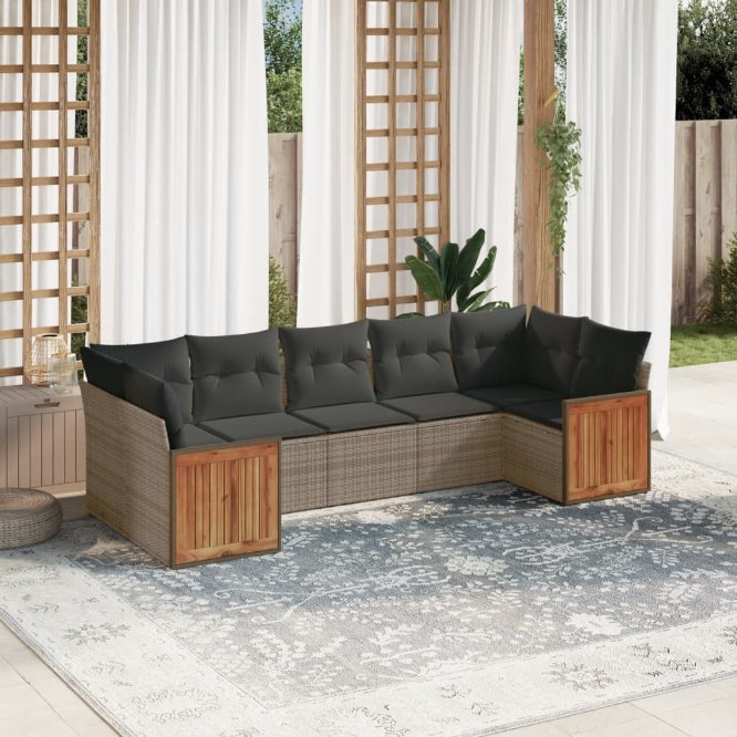 7-tlg. Garten-Sofagarnitur mit Kissen Schwarz Poly Rattan