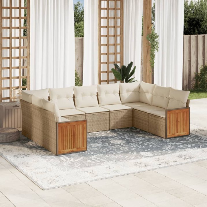 9-tlg. Garten-Sofagarnitur mit Kissen Schwarz Poly Rattan
