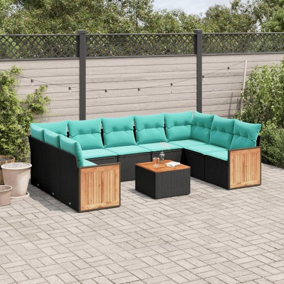 9-teiliges Gartensofa-Set mit Kissen, schwarzes Polyrattan