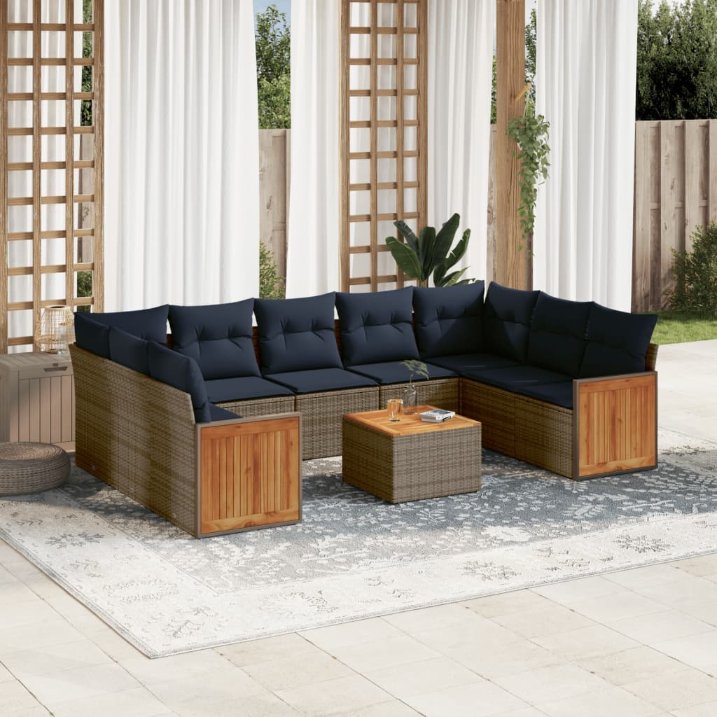 9-teiliges Gartensofa-Set mit Kissen, schwarzes Polyrattan
