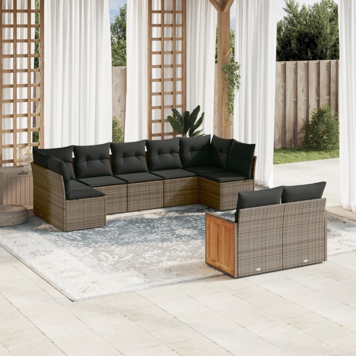 9-tlg. Garten-Sofagarnitur mit Kissen Schwarz Poly Rattan