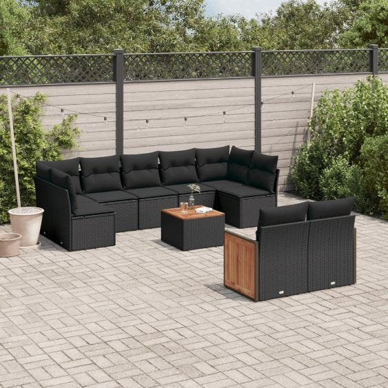 9-tlg. Garten-Sofagarnitur mit Kissen Schwarz Poly Rattan