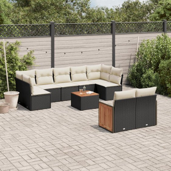 9-tlg. Garten-Sofagarnitur mit Kissen Schwarz Poly Rattan
