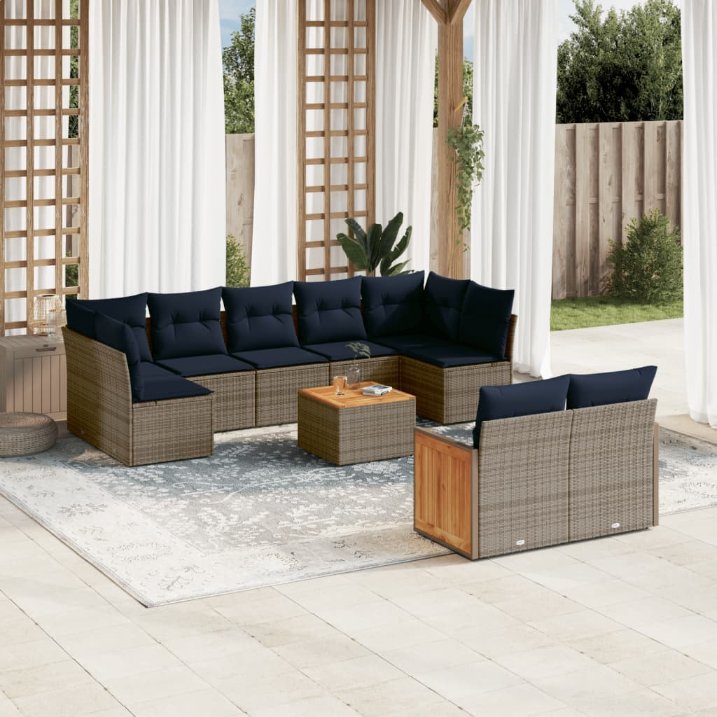 9-teiliges Gartensofa-Set mit Kissen, schwarzes Polyrattan