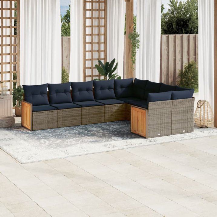 9-teiliges Gartensofa-Set mit Kissen, schwarzes Polyrattan