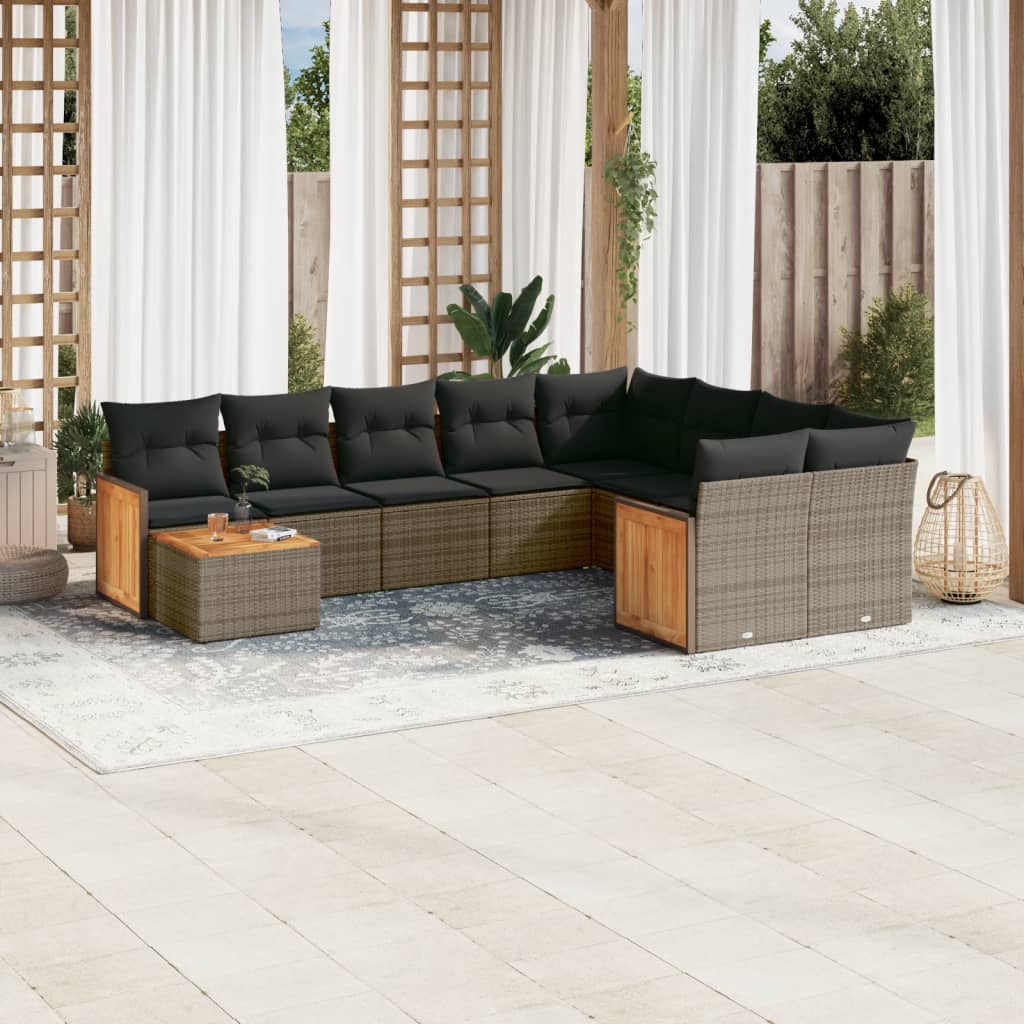 vidaXL 10-tlg. Garten-Sofagarnitur mit Kissen Schwarz Poly Rattan