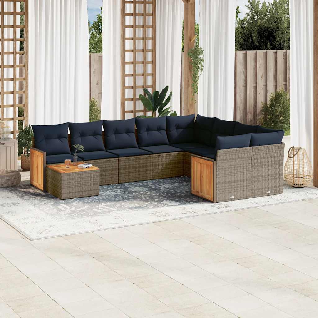vidaXL 10-teiliges Gartensofa-Set mit Kissen, schwarzes Polyrattan