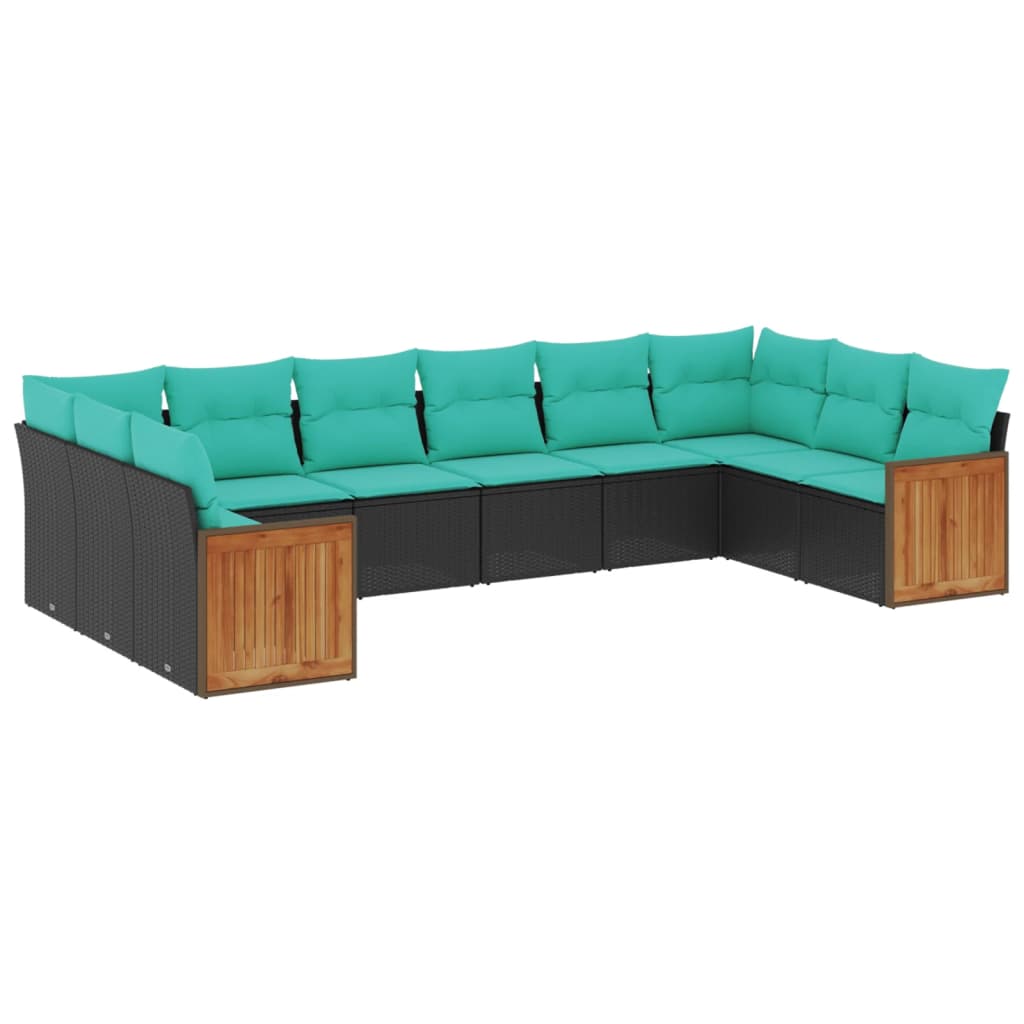 vidaXL 10-teiliges Gartensofa-Set mit Kissen, schwarzes Polyrattan