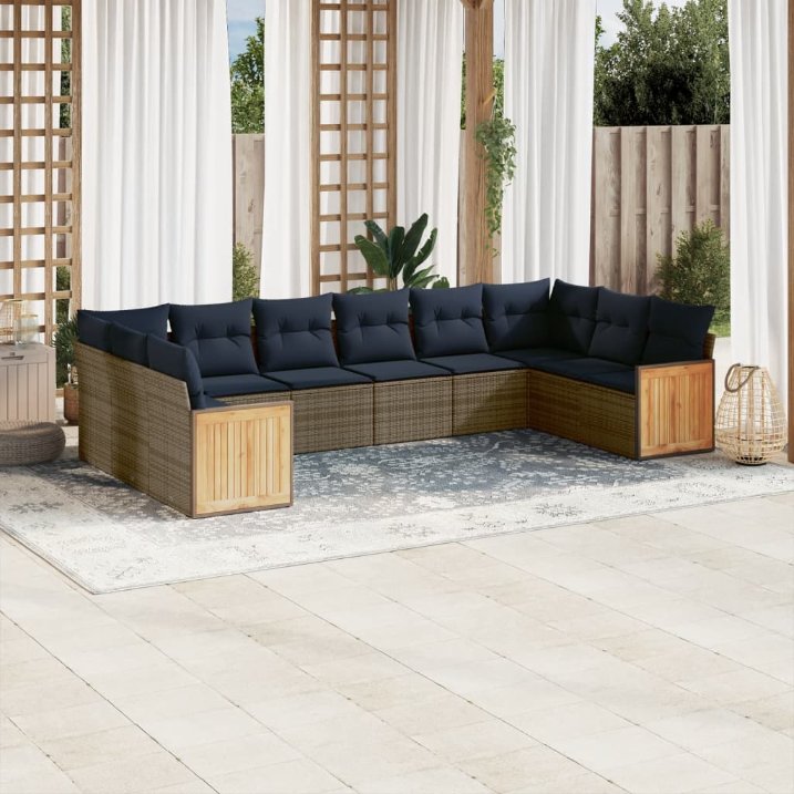 vidaXL 10-teiliges Gartensofa-Set mit Kissen, schwarzes Polyrattan