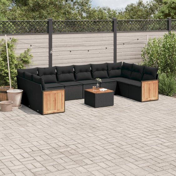 vidaXL 10-tlg. Garten-Sofagarnitur mit Kissen Schwarz Poly Rattan
