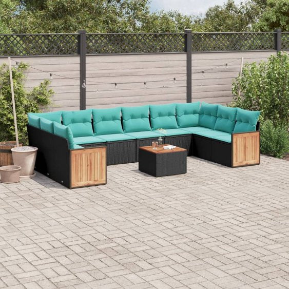 vidaXL 10-teiliges Gartensofa-Set mit Kissen, schwarzes Polyrattan