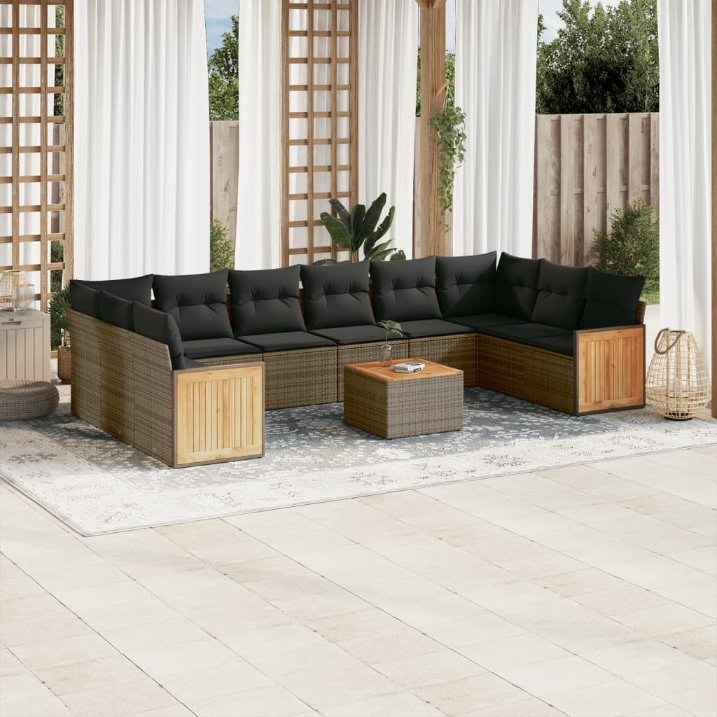 vidaXL 10-tlg. Garten-Sofagarnitur mit Kissen Schwarz Poly Rattan