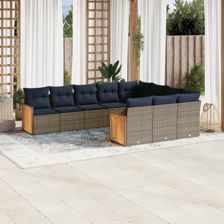 vidaXL 10-teiliges Gartensofa-Set mit Kissen, schwarzes Polyrattan