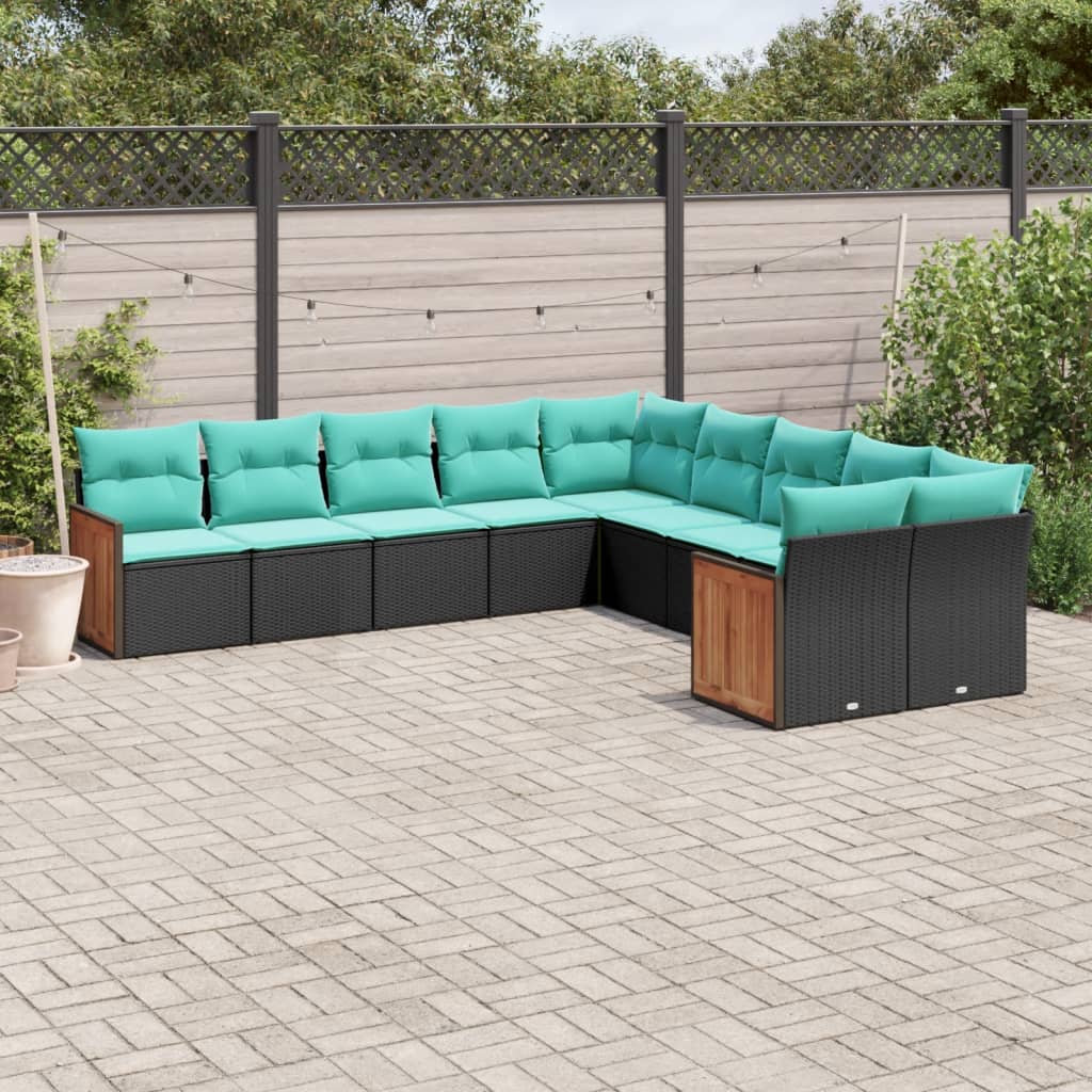 vidaXL 10-teiliges Gartensofa-Set mit Kissen, schwarzes Polyrattan