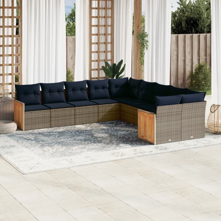 vidaXL 10-teiliges Gartensofa-Set mit Kissen, schwarzes Polyrattan