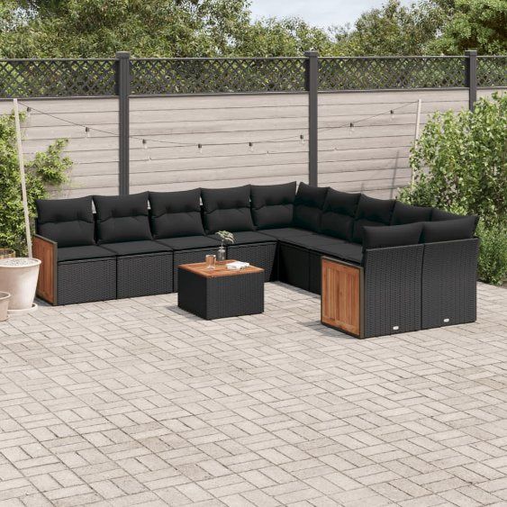 vidaXL 10-tlg. Garten-Sofagarnitur mit Kissen Schwarz Poly Rattan