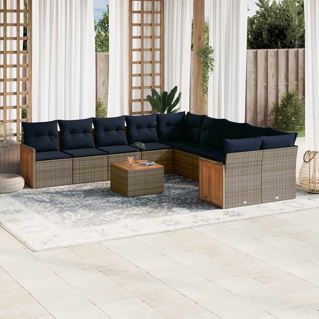 vidaXL 10-teiliges Gartensofa-Set mit Kissen, schwarzes Polyrattan