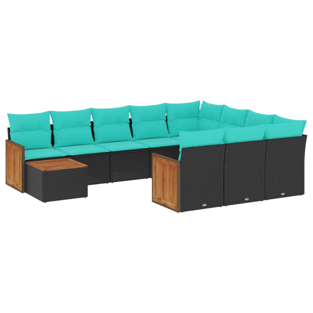 vidaXL 11-teiliges Gartensofa-Set mit Kissen, schwarzes Polyrattan