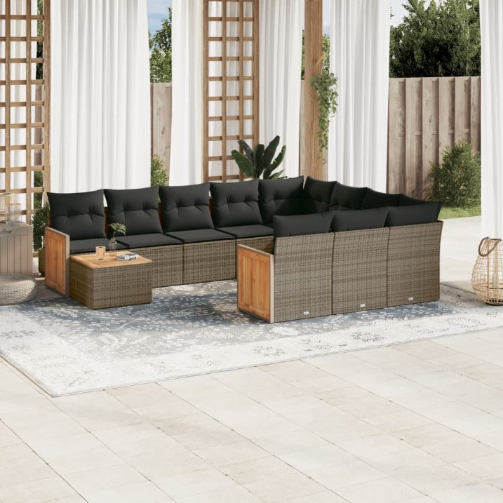 11-tlg. Garten-Sofagarnitur mit Kissen Schwarz Poly Rattan