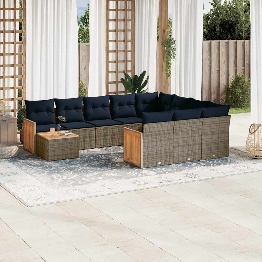 vidaXL 11-teiliges Gartensofa-Set mit Kissen, schwarzes Polyrattan