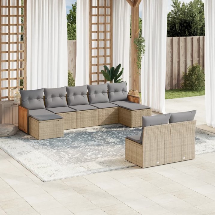 9-tlg. Garten-Sofagarnitur mit Kissen Schwarz Poly Rattan
