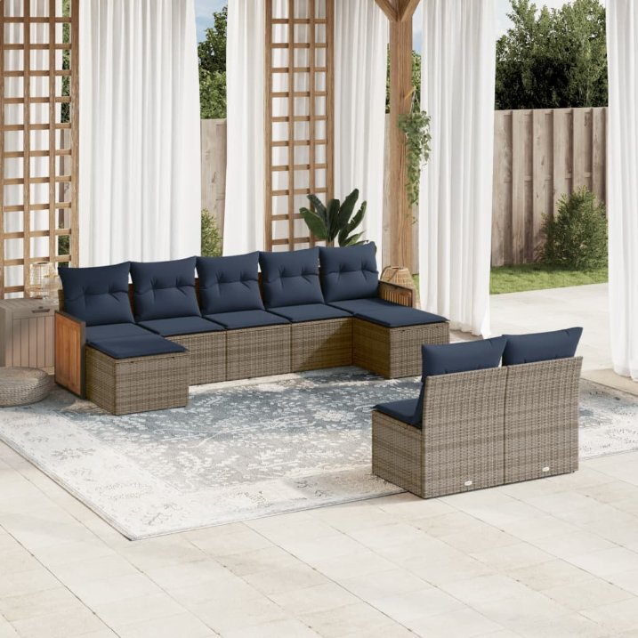 9-teiliges Gartensofa-Set mit Kissen, schwarzes Polyrattan