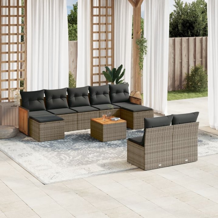 9-tlg. Garten-Sofagarnitur mit Kissen Schwarz Poly Rattan