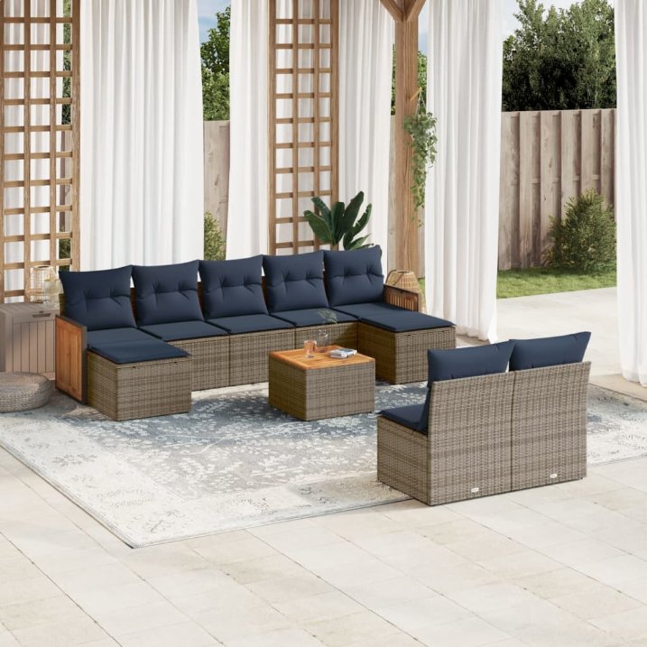 9-teiliges Gartensofa-Set mit Kissen, schwarzes Polyrattan