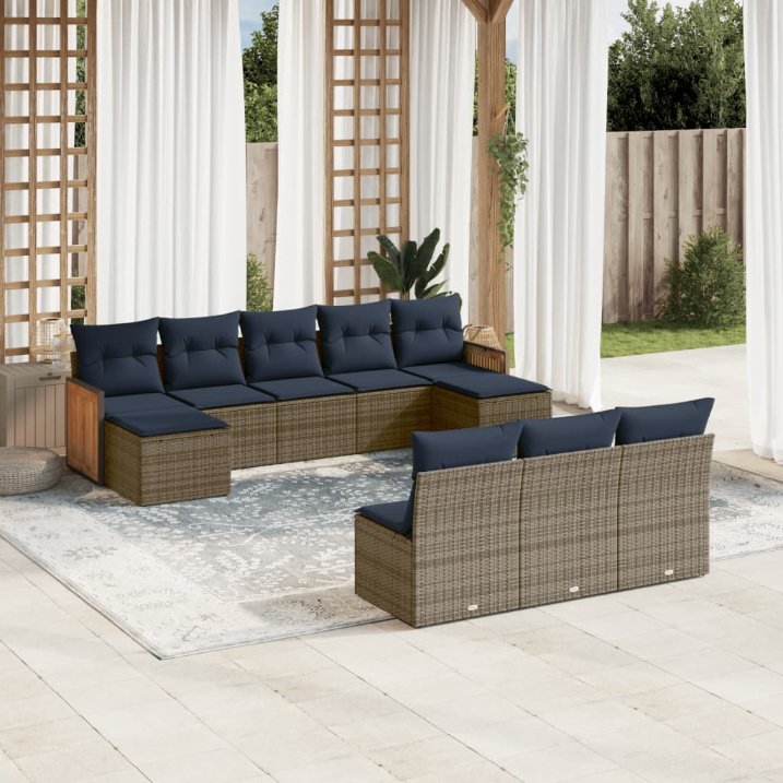 vidaXL 10-teiliges Gartensofa-Set mit Kissen, schwarzes Polyrattan