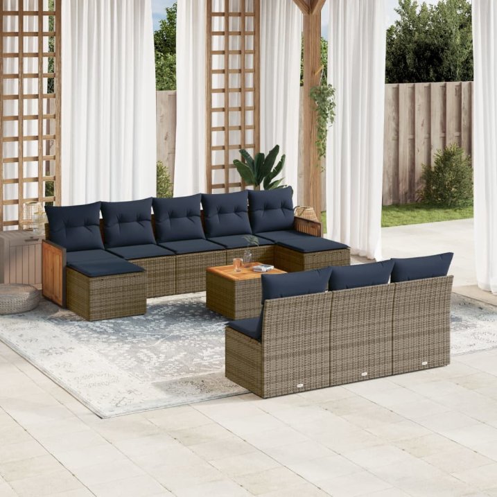 vidaXL 10-teiliges Gartensofa-Set mit Kissen, schwarzes Polyrattan