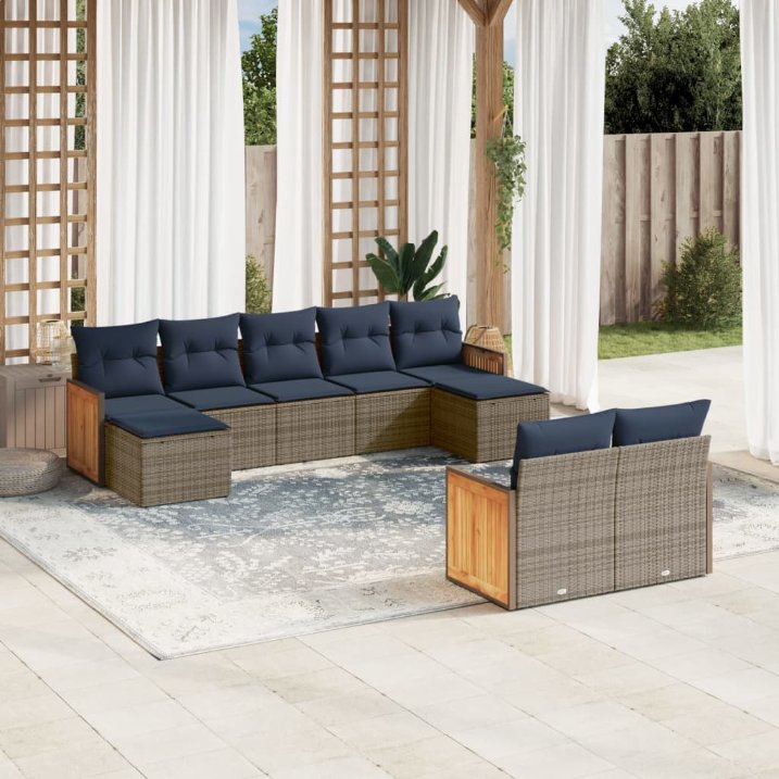 9-teiliges Gartensofa-Set mit Kissen, schwarzes Polyrattan