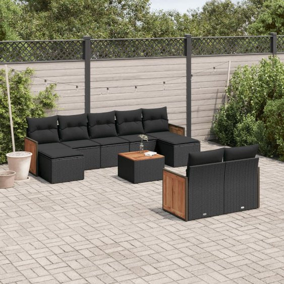 9-tlg. Garten-Sofagarnitur mit Kissen Schwarz Poly Rattan
