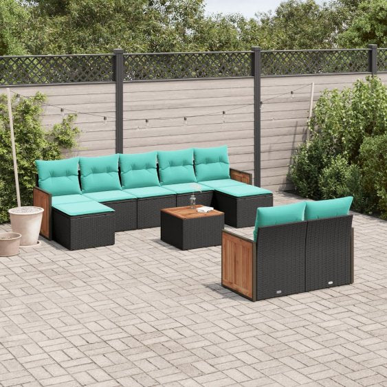 9-teiliges Gartensofa-Set mit Kissen, schwarzes Polyrattan