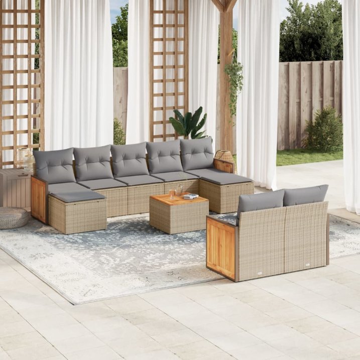 9-tlg. Garten-Sofagarnitur mit Kissen Schwarz Poly Rattan