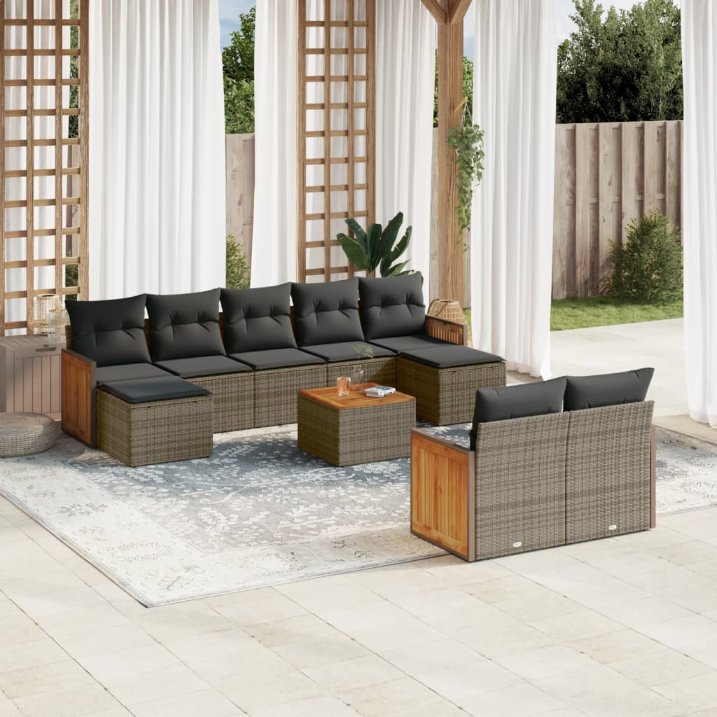 9-tlg. Garten-Sofagarnitur mit Kissen Schwarz Poly Rattan
