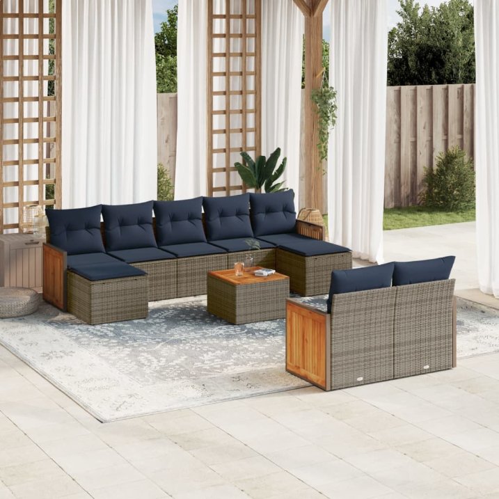 9-teiliges Gartensofa-Set mit Kissen, schwarzes Polyrattan