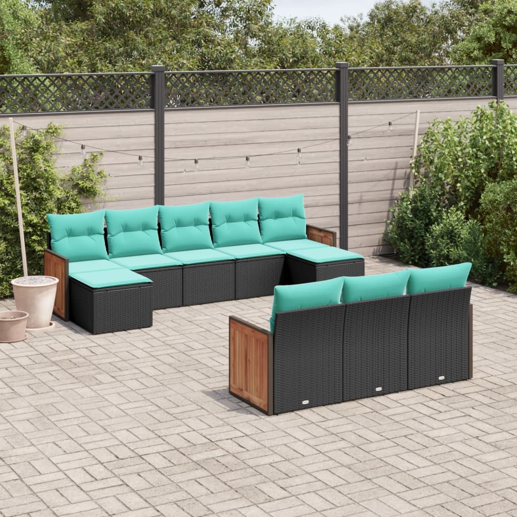 vidaXL 10-teiliges Gartensofa-Set mit Kissen, schwarzes Polyrattan