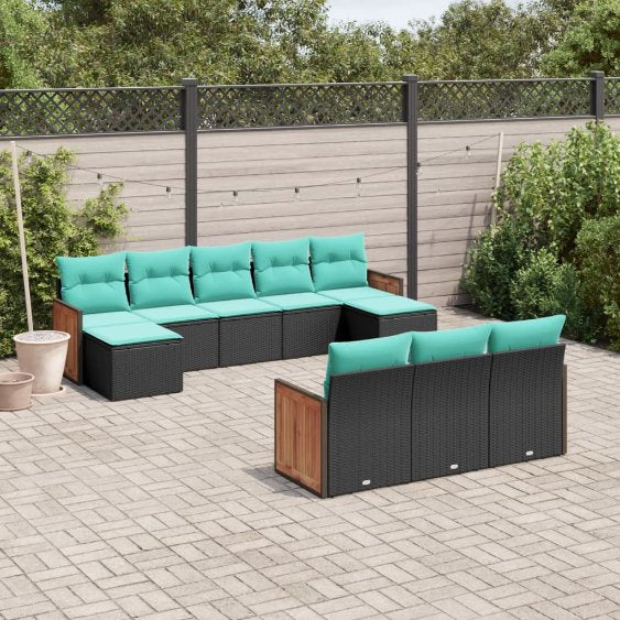 vidaXL 10-teiliges Gartensofa-Set mit Kissen, schwarzes Polyrattan