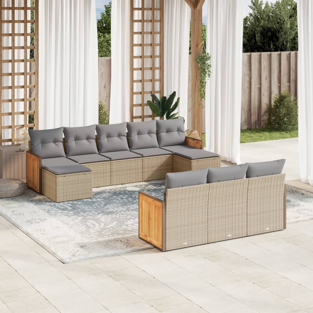 vidaXL 10-tlg. Garten-Sofagarnitur mit Kissen Schwarz Poly Rattan