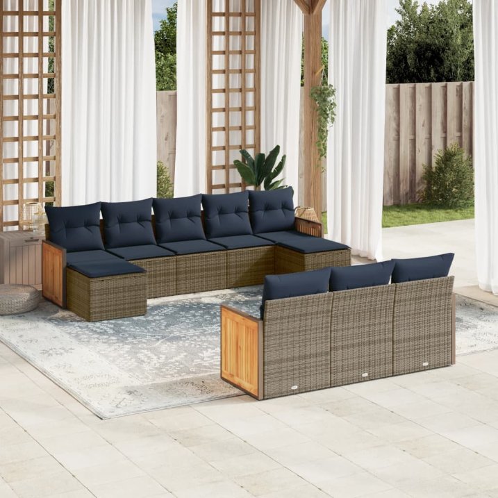 vidaXL 10-teiliges Gartensofa-Set mit Kissen, schwarzes Polyrattan