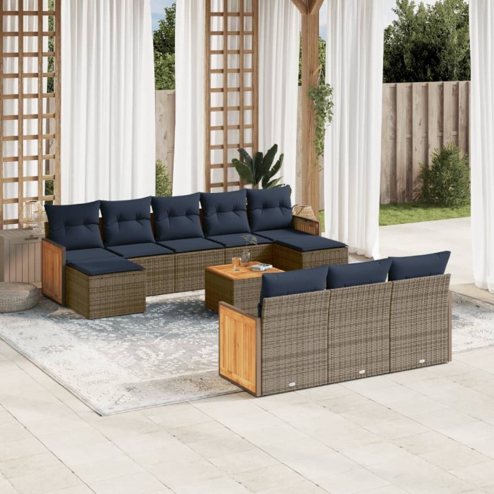 vidaXL 10-teiliges Gartensofa-Set mit Kissen, schwarzes Polyrattan